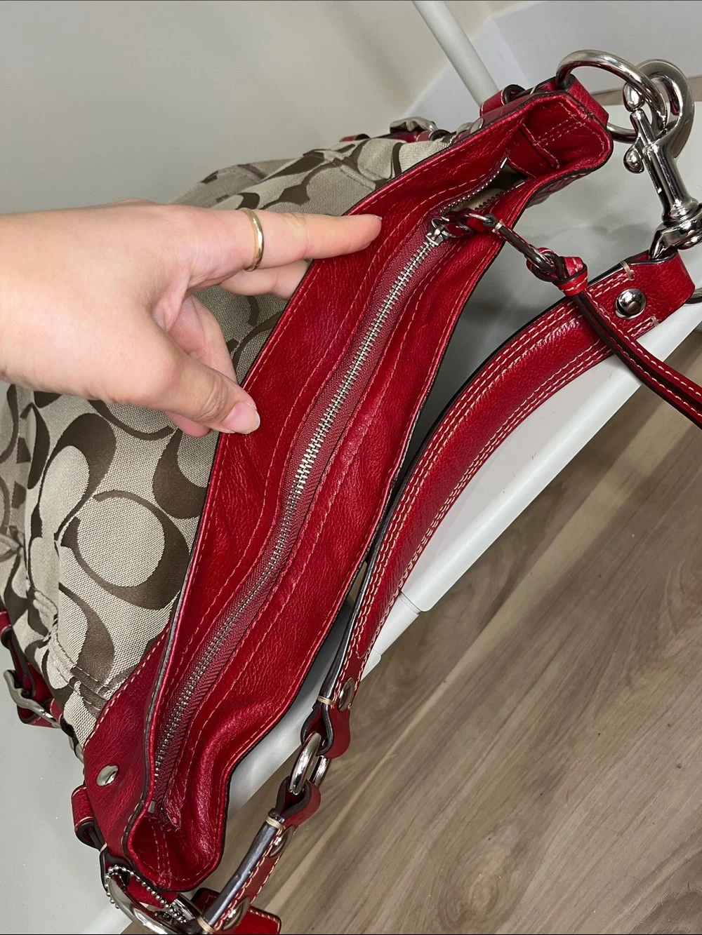 Coach Signature Canvas Hobo Bag in Red and Khaki